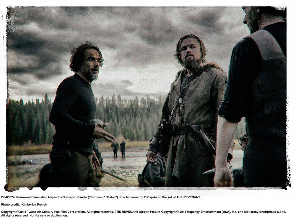 THE REVENANT Renowned filmmaker Alejandro González Iñárritu ("Birdman," "Babel") directs Leonardo DiCaprio on the set of THE REVENANT. Photo credit:  Kimberley French Copyright © 2015 Twentieth Century Fox Film Corporation. All rights reserved. THE REVENANT Motion Picture Copyright © 2015 Regency Entertainment (USA), Inc. and Monarchy Enterprises S.a.r.l. All rights reserved.Not for sale or duplication.